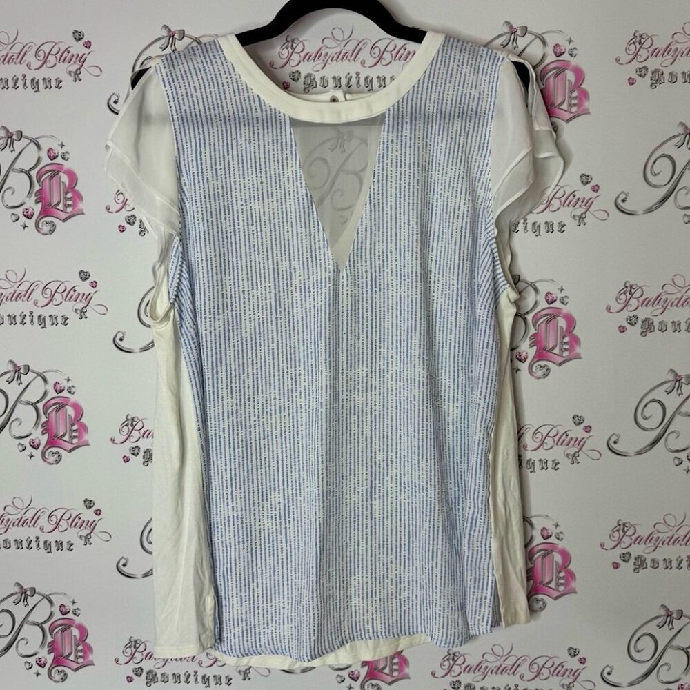Camber & grace tshirt top mesh open keyhole Striped Blue and White Women's Top